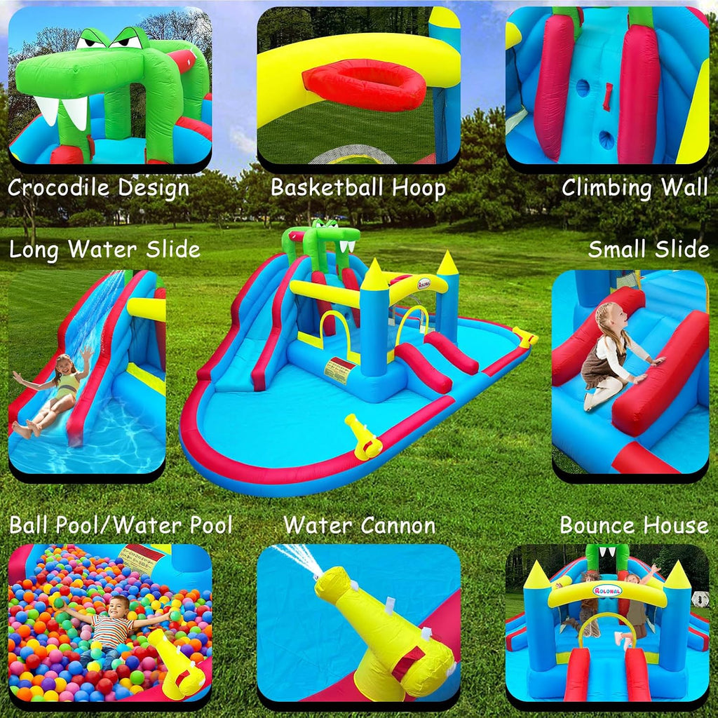 Inflatable Bounce House with Water Slide, Crocodile Bouncy Castle for Kids Indoor & Outdoor, Ball Pit, Climbing Wall, Basketball Hoop