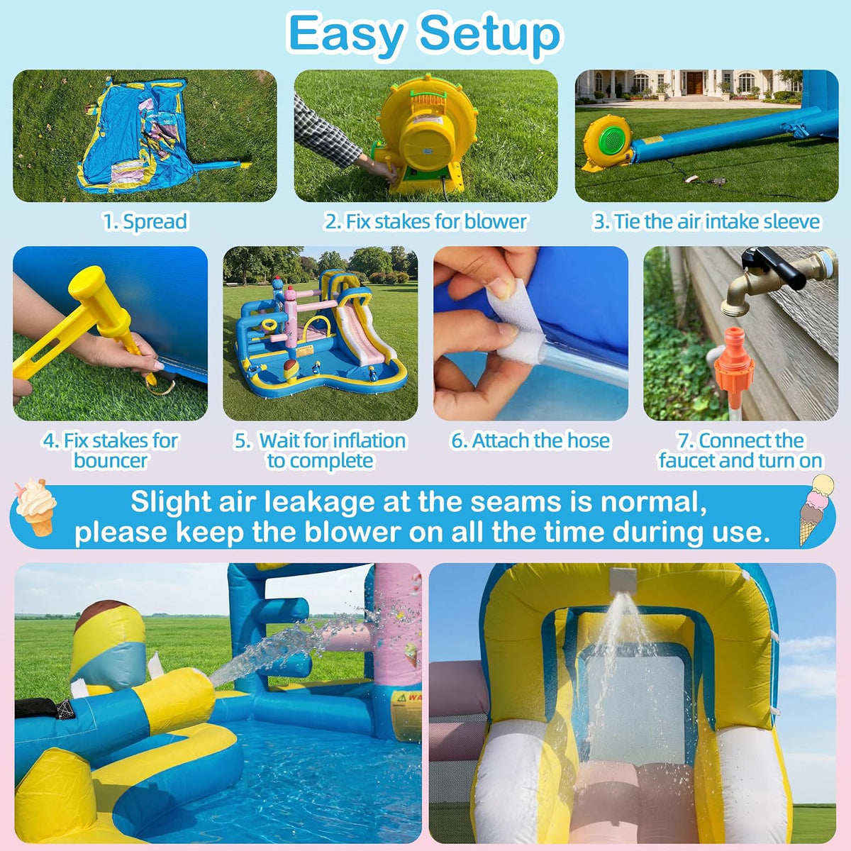 Inflatable Water Slide for Kids 3-12: Blow up Bounce House Backyard Water Park with 480W Blower- 10 in 1 with Pool for Outdoor Birthday Party