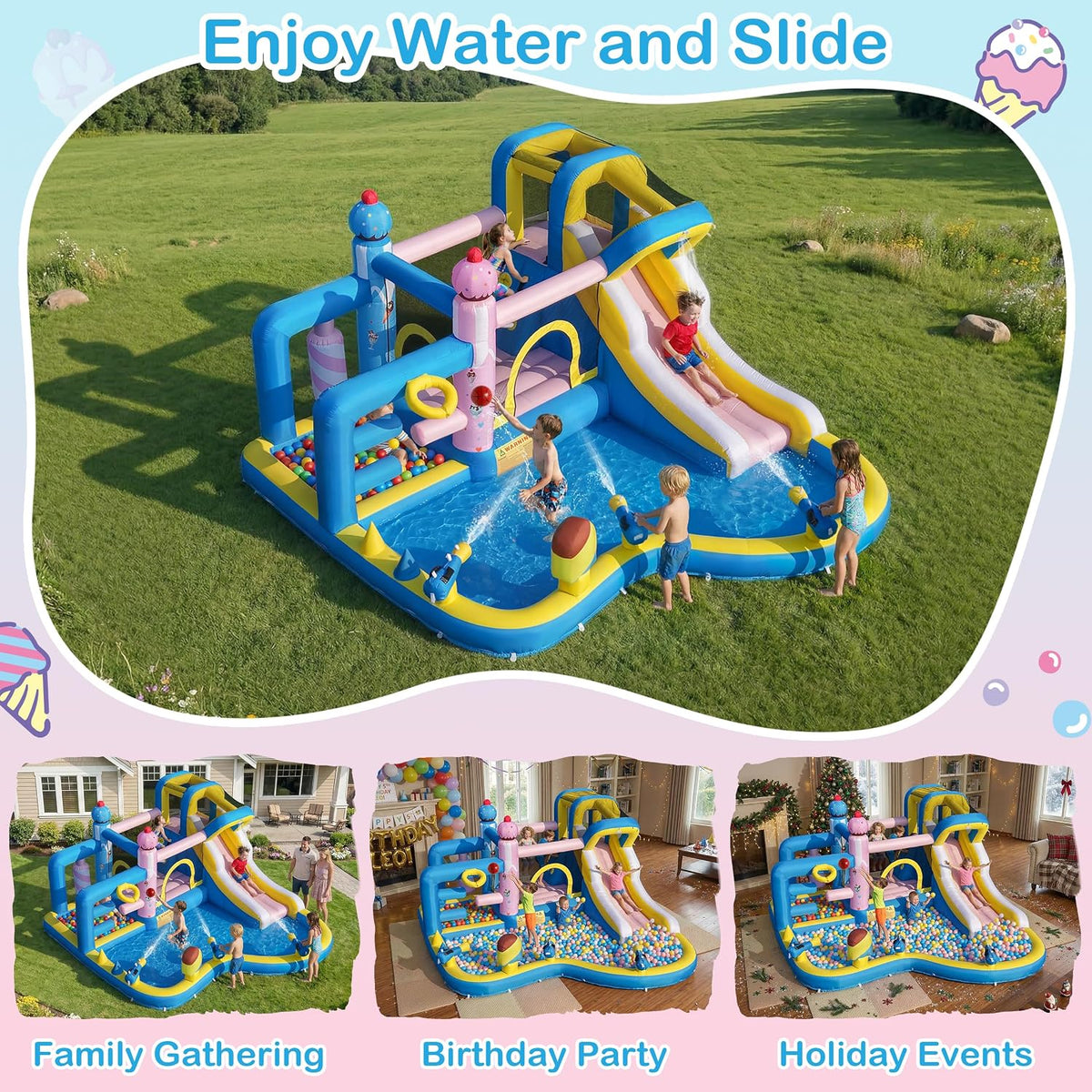 Inflatable Water Slide for Kids 3-12: Blow up Bounce House Backyard Water Park with 480W Blower- 10 in 1 with Pool for Outdoor Birthday Party