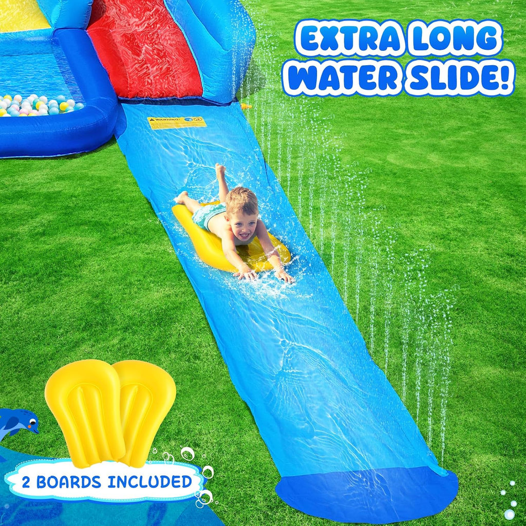 Inflatable Water Bounce House with Long Water Slide for Kids 3-10