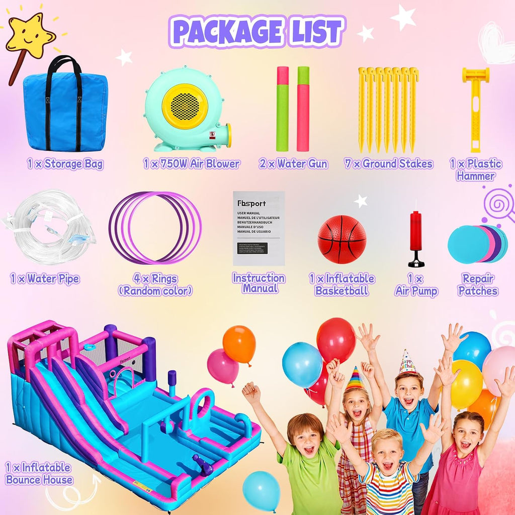Inflatable Bounce House Bouncy House with Double Water Slide, Inflatable Bouncy Castle Water Bounce House with 750W Blower, Climbing Wall, Jumping, Splash Pool for Kids Indoor Outdoor