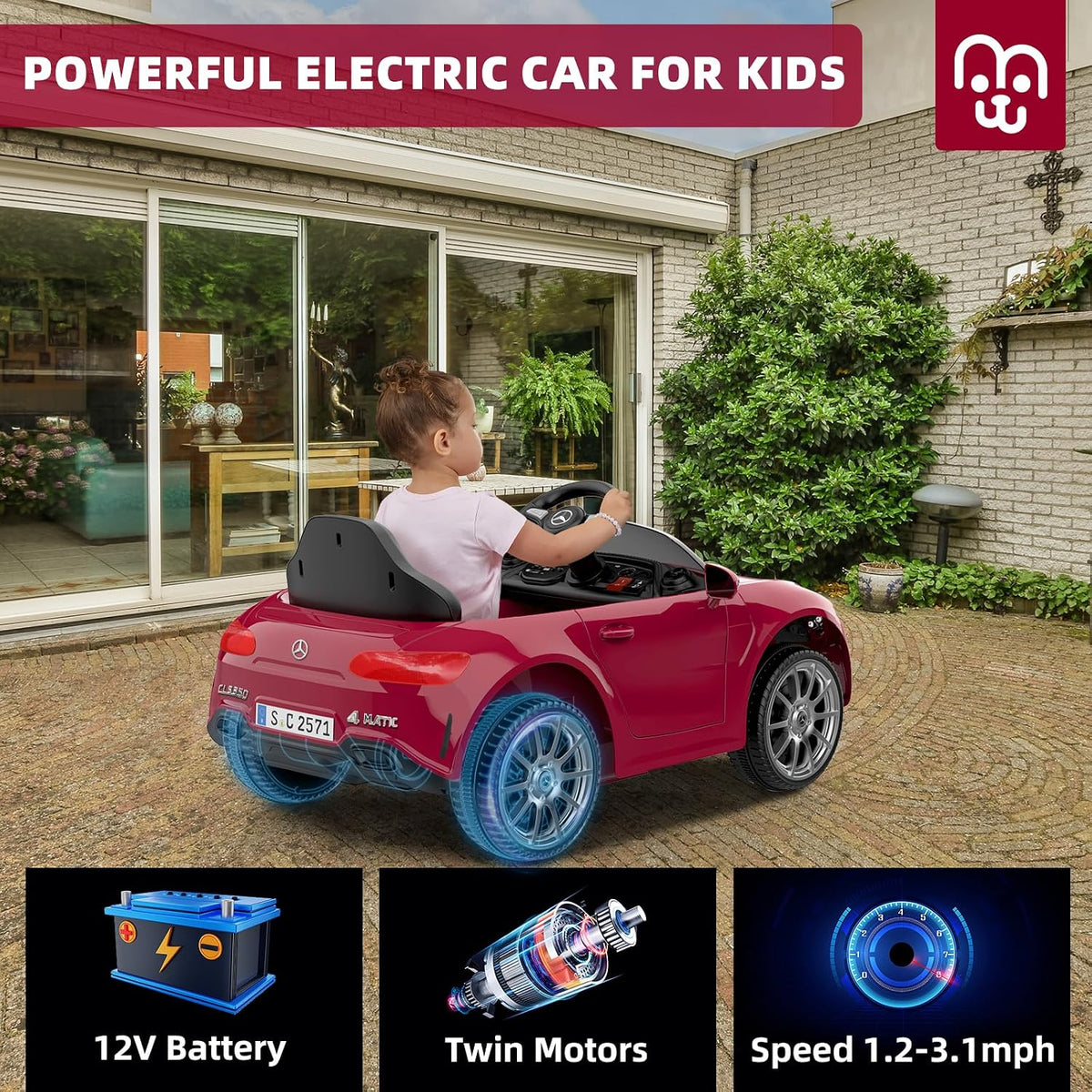 12V Licensed Electric Car with Remote Control, Kids Ride on Car with Bluetooth Music Player, 3.1MPH Max Speed, Battery Powered Toddler Roadster Birthday Gift for Boy and Girl-Deep Red